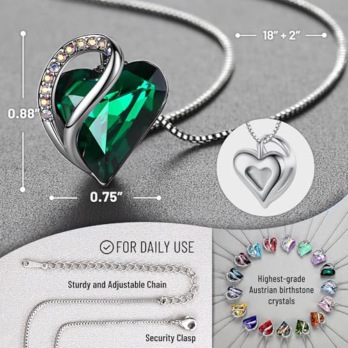 Leafael Gift Necklaces for Women, Infinity Love Birthstone Heart Crystal Pendant, Birthday Anniversary Jewelry for Wife, Mom, and Her, Silver Plated, 18" + 2" Adjustable Chain - color: 05-May-Emerald Green
