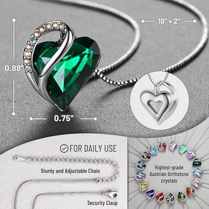Leafael Gift Necklaces for Women, Infinity Love Birthstone Heart Crystal Pendant, Birthday Anniversary Jewelry for Wife, Mom, and Her, Silver Plated, 18" + 2" Adjustable Chain - color: 05-May-Emerald Green