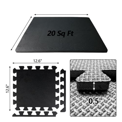 1/2 inch Thicked Gym Floor Mats (20 Sq Ft), 20 Tiles 12.6X12.6in High Density EVA Foam Gym Flooring for Home Gym, Weightlifting, Kids Play Area, Non-Slip, Free Splicing. - size: 20 Sq Ft(20 Tiles)