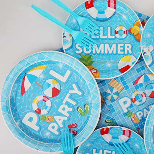 96 Pieces Pool Party Tableware Set for Summer Beach Table Decorations Supplies Beach Ball Birthday Dessert Plates Summer Pool Party Napkins Forks for 24 Guests Hawaiian Pool Birthday Party Favors - style: Pool Party