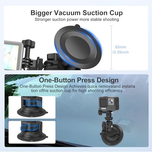MINIFOCUS Suction Cup Camera Mount with Phone Holder, Car Camera Mount with Ball Head Magic Arm for Windshield Dash Compatible with GoPro Hero 11/10/9, DJI Osmo Action/Procket, Insta360 X5/4/3 - style: S1026