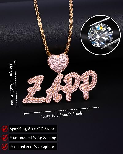 Lulu Mel Iced Out Personalized Cursive Name Necklace For Trendy Women, Custom Handmade Nameplate Pendant With Cuban Link Chain, White Gold Plated Hip Hop CZ Diamond Jewelry Gifts - color: Rose Gold/Heart Hook