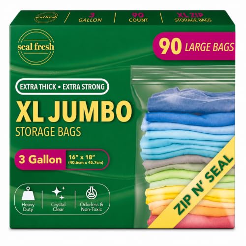 Seal Fresh 3 Gallon Large Plastic Storage Bags – 16" x 18" (90 Count) – Reusable XXL Extra Large Clear Jumbo Zip Bags with Sealable Zipper Top For Clothes, Travel, Moving - size: 3 Gallon - 90 Pack