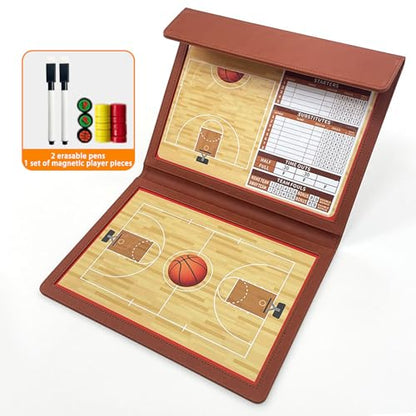 JIANNA Basketball Coaching Board 12.6" x 9.85" Folding Double-Sided Magnetic Dry Erase Strategy Board with Reinforced Stitching PU Cover, Thick Magnetic Player Tokens & Marker