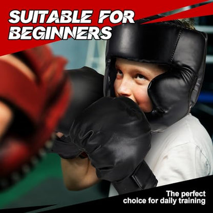 Kanayu 12 Pcs Kids Boxing Equipment Set for Beginners Ages 6-18 Years Including Boxing Helmet and Gloves Hand Wraps Sport Mouthguards Taekwondo Sparring Gear for Kids and Children - color: Black, Red