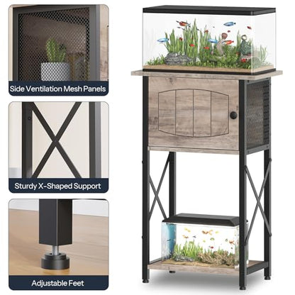 HOOBRO 10 Gallon Aquarium Stand, Fish Tank Stand with Cabinet Storage, Reptile Turtle Tank Stand with Metal Frame, 20.5" L x 11" W , 220 LBS Capacity, Greige BG28FT01 - color: Greige + Black