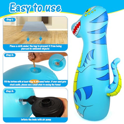 Punching Bag for Kids 47" Inflatable Dinosaur Bop Bag with Thicker Material Instant Bounce Back with Boxing Gloves Karate Kickboxing Taekwondo Kids Gift for Age 3-9 Girls & Boys - color: Blue