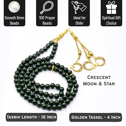 Amazing Gemstone Crystal Tasbeeh with Moon and Star Charm - Certified Crystal Muslim Prayer Beads Natural Gemstone Tasbih Gift for Ramadan Dhikr and Daily Namaz (G) - color: Green Goldstone