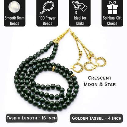 Amazing Gemstone Crystal Tasbeeh with Moon and Star Charm - Certified Crystal Muslim Prayer Beads Natural Gemstone Tasbih Gift for Ramadan Dhikr and Daily Namaz (G) - color: Green Goldstone