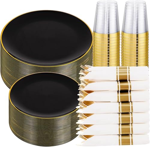 KIRE 350 PCS Black and Gold Plastic Plates - Plastic Dinnerware for Wedding - color: Black and Gold