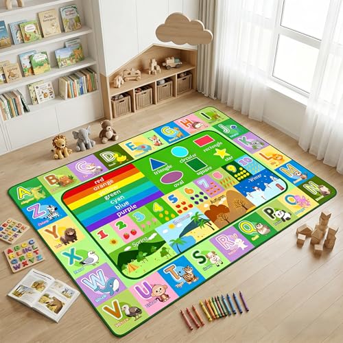ABC Rugs for Kids Room, Playroom, Classroom, 4.5x6 Ft Educational Alphabet Rug with Numbers Animals Seasons Fruits, Non-Slip Washable Soft ABC Mat for Bedroom Boys Girls, Green - color: Multi 989 Green, size: 4'6" x 6' (Rectangular)