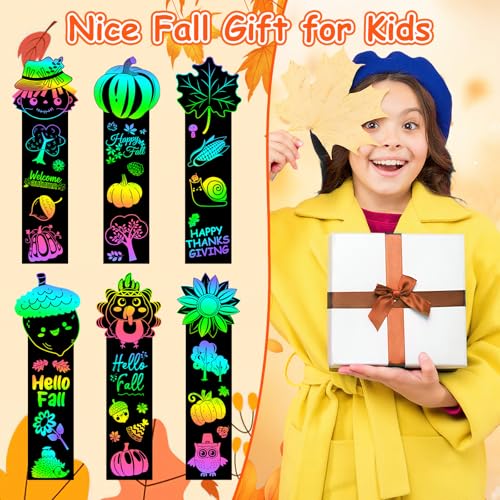 JUNEBRUSHS 30Pcs Fall Scratch Bookmarks, Rainbow Magic Scratch Paper Art Hello Fall Autumn Leaves Pumpkin Turkey DIY Crafts Kit for School Classroom Activity Thanksgiving Party Favor - style: Fall Style