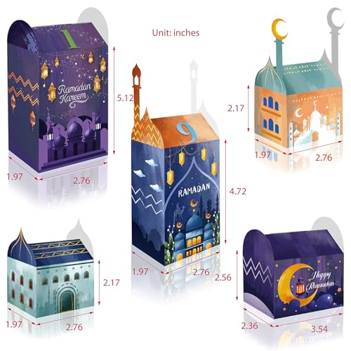 OASHISU 30 PCS 3D Ramadan Eid Mubarak Treat Boxes with Number Stickers, for Eid Mubarak Goodie Paper Boxes,Ramadan Kareem Box, School Classroom Party Favor Decorations