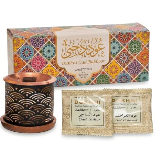 Oud Bakhoor Variety Box & Burner by Dukhni | Arabian Oudh Incense Set with Candle Incense Burner| 20 pcs Arabic bukhoor Incense Bricks, 10 Mixed scents | Islamic, Eid & Ramadan Gifts | Home Fragrance