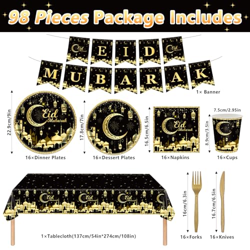 98PCS Eid Mubarak Party Supplies Black and Gold Ramadan Tableware Set Ramadan Mubarak Paper Plates and Napkins Eid Mubarak Party Decorations Eid Al-fitr Party Disposable Dinnerware Set for 16 Guests - style: Eid Mubarak