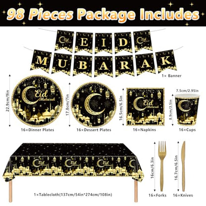 98PCS Eid Mubarak Party Supplies Black and Gold Ramadan Tableware Set Ramadan Mubarak Paper Plates and Napkins Eid Mubarak Party Decorations Eid Al-fitr Party Disposable Dinnerware Set for 16 Guests - style: Eid Mubarak