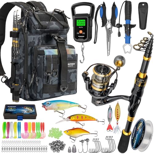 THKFISH Telescoping Fishing Rod and Reel Combo with Backpack, Carbon Fiber Travel Fishing Pole Spinning Reel Kit with Fishing Lures, Fishing Tools Kit for Men - color: Camo Backpack With Fishing reel & rod, size: 1.8M 5.9FT