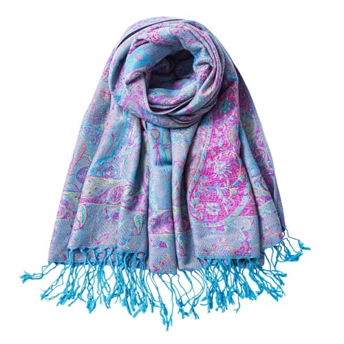 TUSHUSTY Pashmina Feel Shawls Wraps Rave Scarf for Women Soft Silky Reversible Men Scarves Hijab - color: Blue Purple Pink