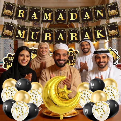Ramadan Decorations for Home, 27PCS Black and Gold Ramadan Mubarak Banner, Hanging Swirls, Moon and Star Balloon for Muslim Islamic Eid Mubarak Festival Al-Fitr Iftar Party Favors Supplies