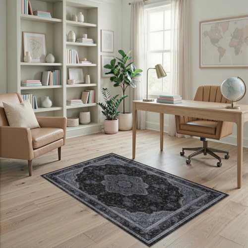 4'x6' Black Charcoal Boho Medallion Design Washable Area Rug - color: Black/Pattern 10, size: 4' x 6' (Rectangular)