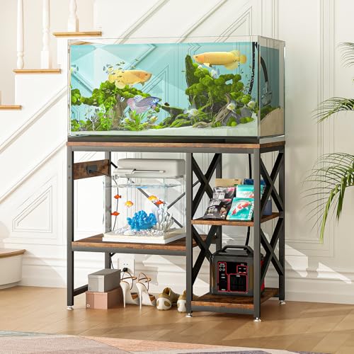 METYERRY 40-50 Gallon Fish Tank Stand with Power Outlet,Adjustable Shelf | 3 Tier Storage,660 LBS Heavy Duty Steel Frame, Fits Fish Reptile and Turtle Tanks, Stable Home Aquarium Setup - color: Rustic Brown, size: 40-50 Gallon
