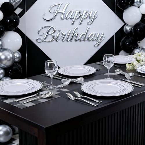 175PCS White Silver Plastic Dinnerware Set for 25 Guests, Fancy Disposable Plates for Party, Include: 25 Dinner Plates, 25 Dessert Plates, 25 Pre Rolled Napkins with Silver Silverware, 25 Cups - color: White and Silver