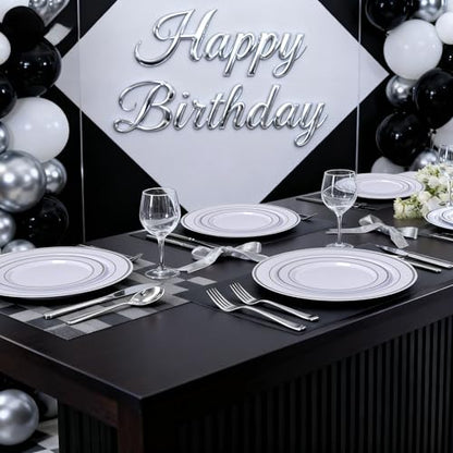 175PCS White Silver Plastic Dinnerware Set for 25 Guests, Fancy Disposable Plates for Party, Include: 25 Dinner Plates, 25 Dessert Plates, 25 Pre Rolled Napkins with Silver Silverware, 25 Cups - color: White and Silver