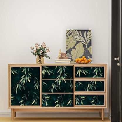 Dark Green Gold Bamboo Leaves Peel and Stick Wallpaper 17.5" x 393" | Extra Long Self-Adhesive, Removable Waterproof Contact Paper for Bedroom, Bathroom, Cabinets, Accent Wall, Laundry Room - color: Teal Green/Gold, size: 17.5" x 393"
