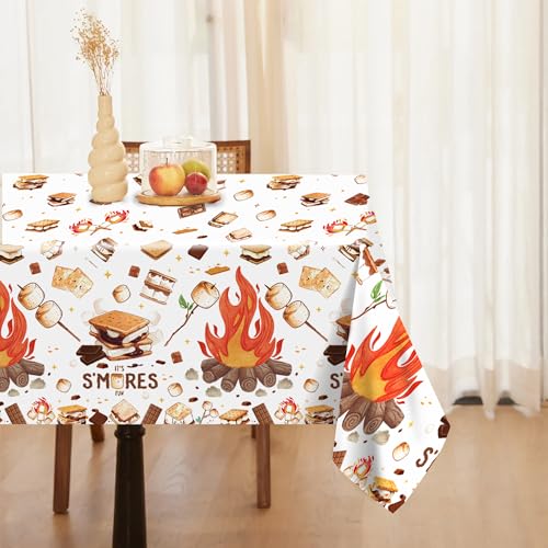 1Pc Camping Party Plastic Tablecloth 54 x 87 Inch Long Table Cover, Marshmallow Sandwich Party Tablecover for Bonfire Camp Theme Kids Baby Shower Birthday Dinner Picnic Kitchen Event - color: Camping