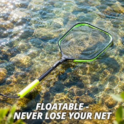 Floating Fishing Net for Fly Fishing, Foldable Landing Net | 31.2" Length, 15"x11.8" Hoop, Fish Net with Rubber Coated Polyethylene Mesh for Bass, Trout, Kayak & Boat Fishing - color: Green
