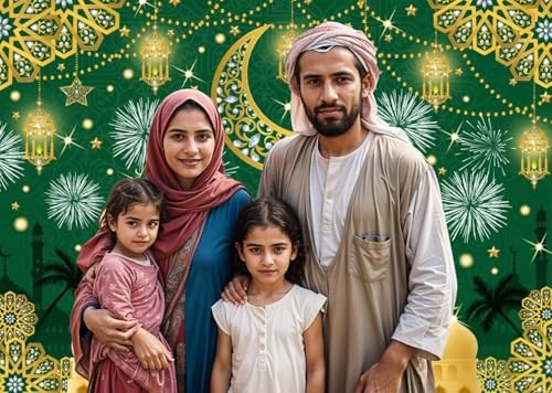 Eid Mubarak Backdrop Islamic Muslim Festival Green Gold Arabian Ramadan Golden Moon Lantern Castle Backgrounds Ramadan Kareem Lantern Sign Iftar Party Decorations Photo Booth Props Vinyl 8x6ft