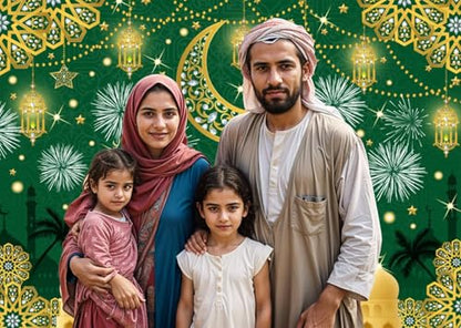 Eid Mubarak Backdrop Islamic Muslim Festival Green Gold Arabian Ramadan Golden Moon Lantern Castle Backgrounds Ramadan Kareem Lantern Sign Iftar Party Decorations Photo Booth Props Vinyl 8x6ft