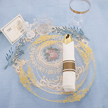 Hioasis 175pcs Clear and Gold Plastic Plates - Elegant Disposable Dinnerware Set Suitable for 25 Guests Include 10.25" Dinner & 7.5" Dessert Plates, Pre Rolled Silverware Set, Cups for Party & Wedding - color: Clear and Gold