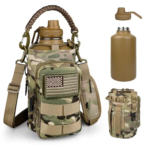 DEFUNX Half Gallon Water Bottle Insulated with Sleeve - Tactical 64 oz Stainless Steel Water Jug with MOLLE Water Bottle Pouch, Gym Water Bottles for Men Hiking Workout (CP Camo) - color: 64oz - CP Camo, size: 64 Ounces