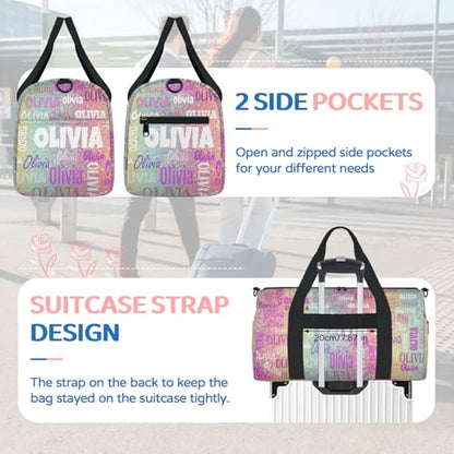 Personalized Gym Dance Ballet Bag Small, Colorful Rainbow Glitter | Custom Name Sport Weekender Carry On Travel Duffel Bags - color: Pink Blue Colorful