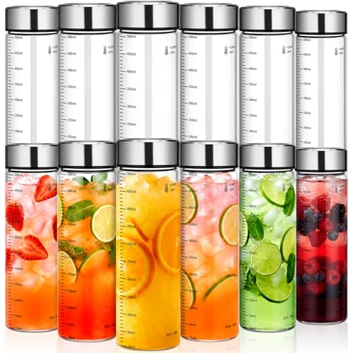 LemonRoad 12 Pack 17 oz Glass Juice Bottles Bulk Scale Wide Mouth Glass Water Bottles with Leakproof Stainless Steel Lids, Borosilicate Reusable Container for Juicing Smoothies Infused Water - size: 17 oz