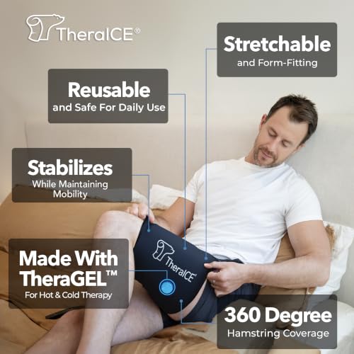 TheraICE Hamstring Compression Ice Pack Sleeve Brace, Cold Wrap Pain Relief | S/M Reusable Thigh Quad Braces for Women & Men, Reusable Recovery Hot & Cold Compress for Injuries - size: Small/Medium