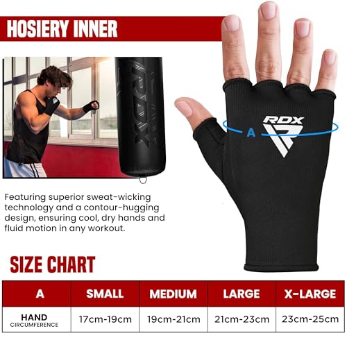 RDX Boxing Hand Wraps Inner Gloves Men Women, Half Finger Elasticated Bandages, Under Mitts Fist Protection, Muay Thai, Kickboxing, MMA, Martial Arts Speed Bag Punching Training - color: Black, size: Medium
