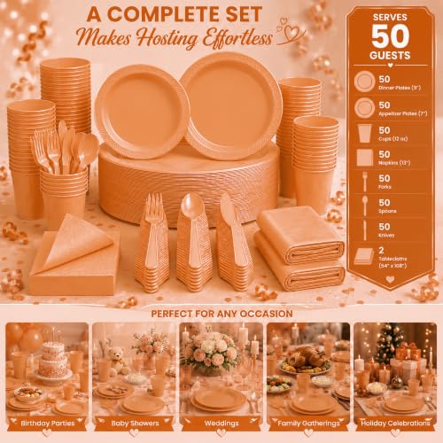 Tinybee 352 Pcs Orange Plastic Plates, Disposable Dinnerware Set for 50 - color: Orange