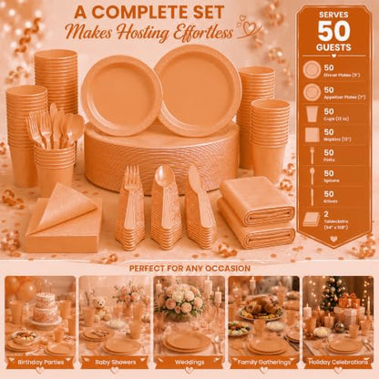 Tinybee 352 Pcs Orange Plastic Plates, Disposable Dinnerware Set for 50 - color: Orange