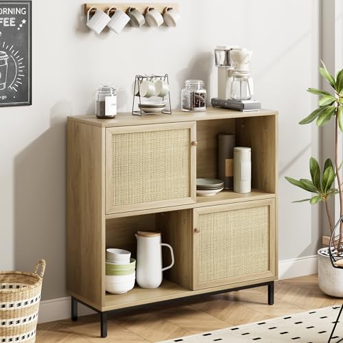 IDEALHOUSE Coffee Bar Cabinet, Rattan Buffet Cabinet with Storage, Wood Sideboard Cabinet with Sliding Door, Accent Cabinet for Kitchen, Dining Room, Living Room, Entryway, Natural Oak - color: Natural Oak…