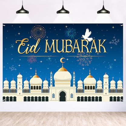 Eid Mubarak Backdrop Banner Decor - 6x4 ft Happy Eid Ramadan Mubarak Photography Background Poster - Islamic Festival Ramadan Holiday Party Photography Prop Booth Decorations