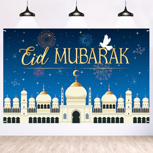 Eid Mubarak Backdrop Banner Decor - 6x4 ft Happy Eid Ramadan Mubarak Photography Background Poster - Islamic Festival Ramadan Holiday Party Photography Prop Booth Decorations