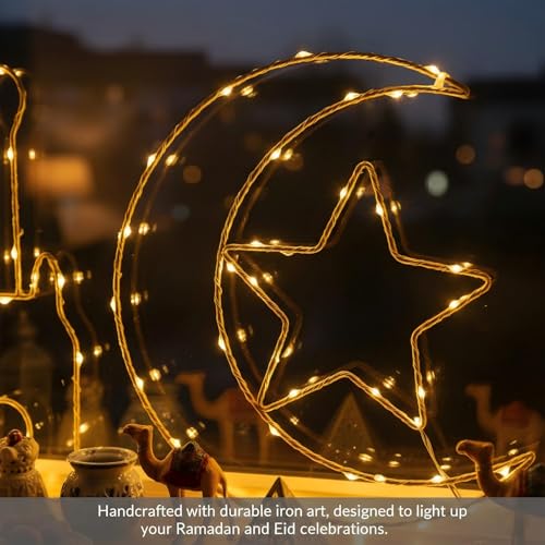 Eid Ramadan Mubarak Window Lights, 2 Pcs LED Hanging Decorations, Moon & Mosque Iron Art, Battery Operated with 8 Lighting Modes, Ramadan Decorations for Home & Festival Indoor & Outdoor Decor