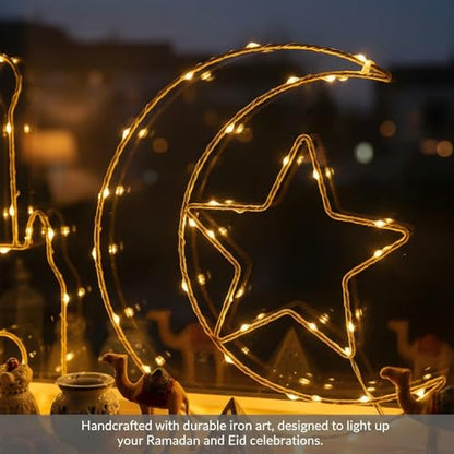 Eid Ramadan Mubarak Window Lights, 2 Pcs LED Hanging Decorations, Moon & Mosque Iron Art, Battery Operated with 8 Lighting Modes, Ramadan Decorations for Home & Festival Indoor & Outdoor Decor