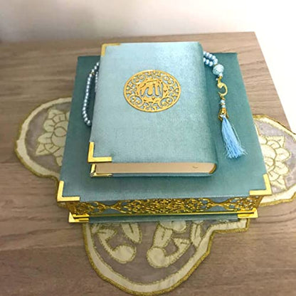 Velvet Covered Quran and Pearl Tasbih in Wooden Decorative Box | Quran Gift Box | Islamic Gift Set | Islamic Birthday, Wedding Gift | Muslim Eid Ramadan Gift (Blue) - color: Blue