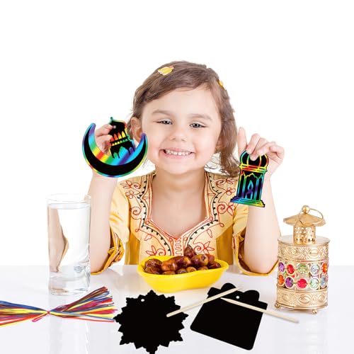 HOWAF 36pcs Ramadan Mubarak Scratch Paper Art Kit, Eid Mubarak Rainbow Scratch Off Cards for Eid Holiday Activity School DIY Drawing Project Supplies, Ramadan Kareem Paper Scratch Pad