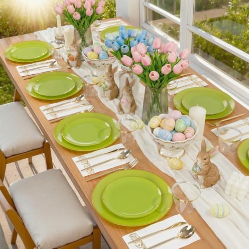 MirthMood 210pcs Green Plastic Plates,Disposable Green Gold Party Plates,Include 30 Dinner,Dessert Plate,30 Cup&30 Napkins, 90 Gold Silverware for St Patrick's Day & Wedding & Birthday（grape green） - color: Grape Green, size: 210