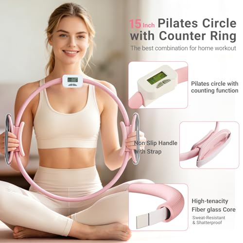 Pilates Kit for Home Workouts,Pilates Equipment for Women with 15" Ring | Pilates Ring with Smart Counter & Timer,Pilates Resistance Bands, Ball 9.8" Socks,Core Sliders Pilates Starter Kit for Women