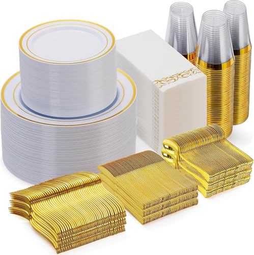 Goodluck 700 Piece Gold Dinnerware Set for 100 Guests, Disposable Plate Set - color: Gold, style: 100 Guests